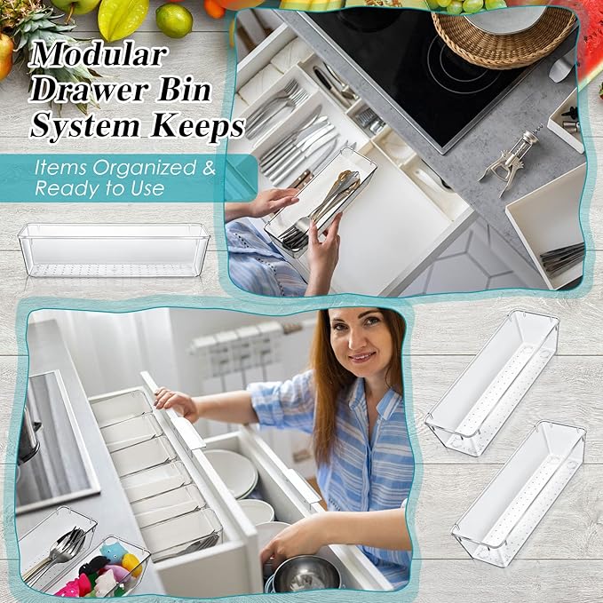 Maitys 12 Pcs Vanity Drawer Organizer 9 x 3 x 2 Inches Clear Plastic Utensil Organizers Kitchen Drawers Dividers for Office Desk Silverware Kitchen Utensils Cosmetics and Bathrooms(Clear)