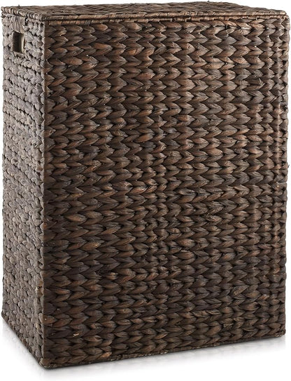 Casafield Large Laundry Hamper with Lid and Removable Liner Bag - Espresso, Woven Water Hyacinth Rectangular Laundry Basket Sorter for Clothes and Towels