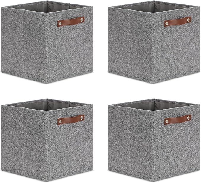 DULLEMELO 11x11 Cube Collapsible Fabric Storage Bins for Shelf Organizing, Toy Square Bins, Kids Clothes Closet Baskets Storage, for Bedroom, Living Room, Dorm(Gray-4 Pack)