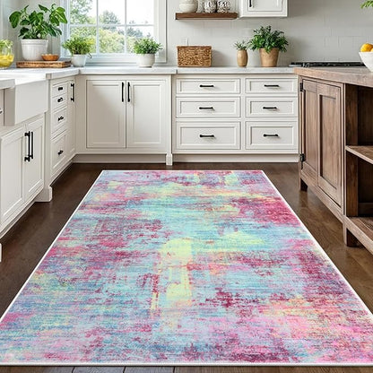 IOHOUZE Abstract Area Rugs 5x7 Ft Washable Rugs for Living Room, Non Slip Dining Room Rug, Printed Faux Wool Rugs for Bedroom, Floor Carpet for Office Nursery Playroom, Pink Teal