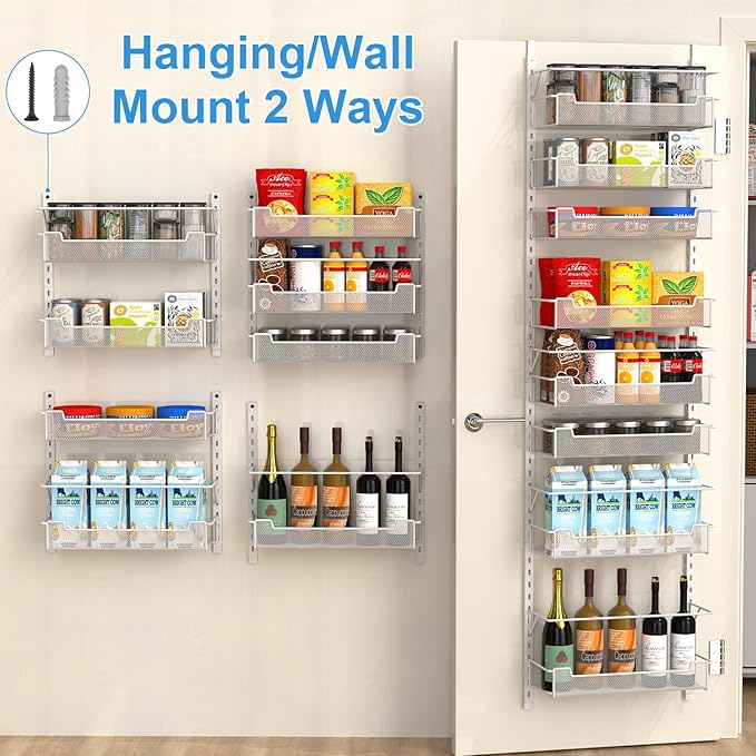 Over the Door Pantry Organizer, 8-Tier Over the Door Organizer with Adjustable Basket, Pantry Door Organization for Pantry Kitchen Storage Room Spice Rack, White