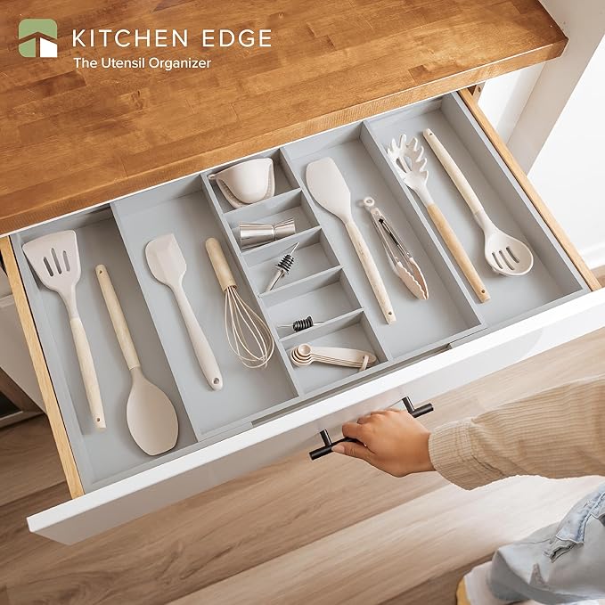 KitchenEdge Adjustable Kitchen Drawer Organizer for Utensils and Junk, Food-Safe Contract Grade with 100% Sustainable Wood, Expandable from 19 to 33 Inches Wide - Gray Bamboo