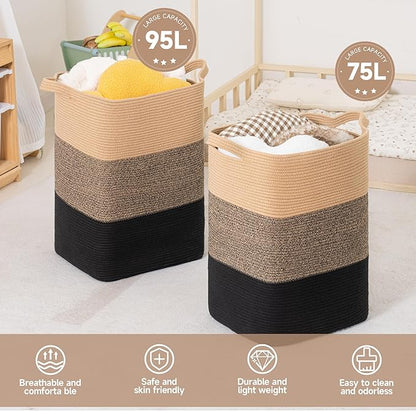 CLHMILY&Z 75L Laundry Basket Rectangular Black Jute Rope - 16x13x22 Inches - Dirty Clothes and Soft Storage Bin for Blankets, Toys, and Nursery Essentials