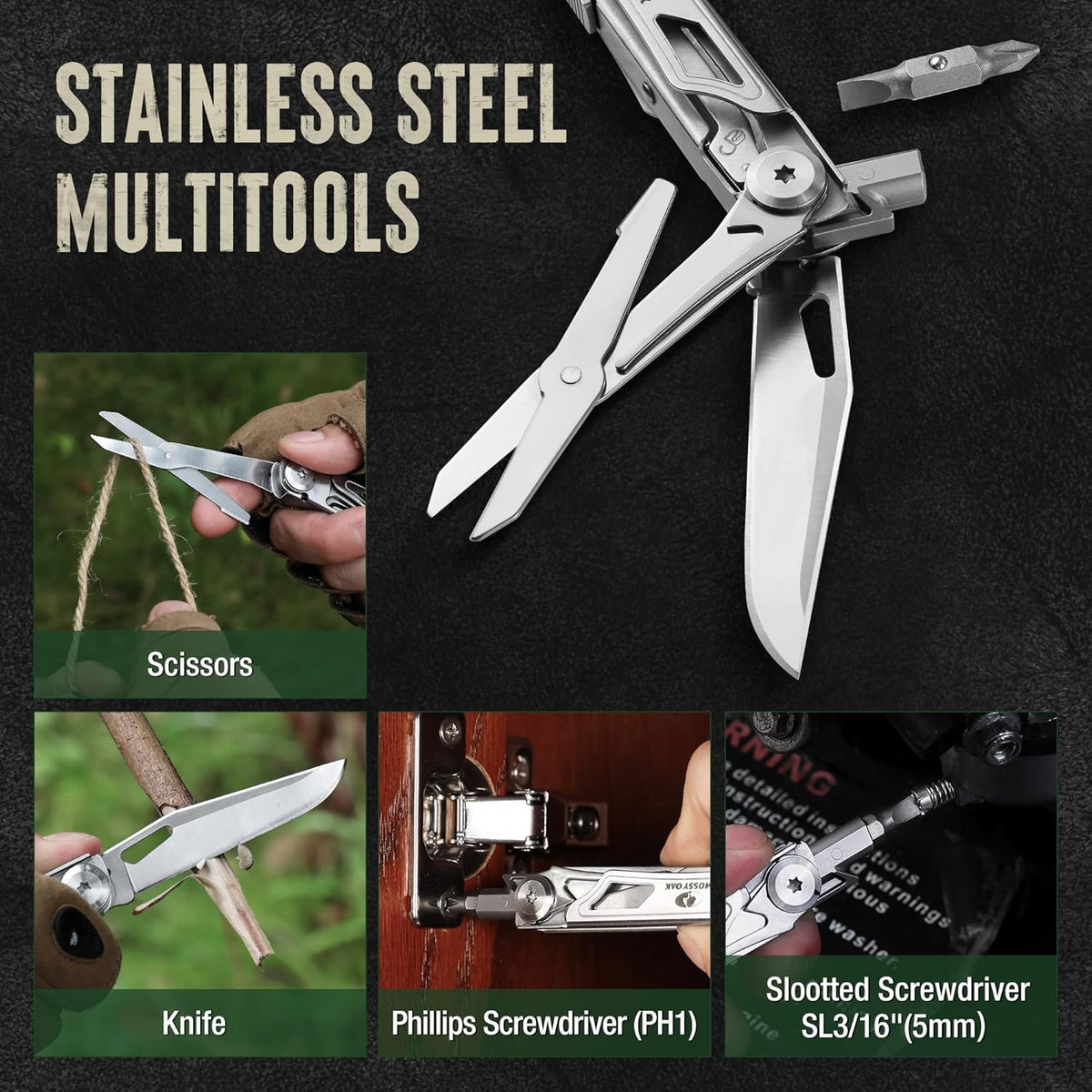 Mossy Oak 12-in-1 Multitool Pocket Knife with Pouch, Stainless Steel Multitool Knife with Clip, Survival Tools with Scissors, Bottle Opener, Wire Stripper, Glass Breaker, Screwdriver