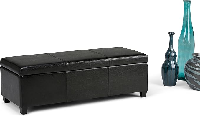 SIMPLIHOME Avalon 48 inch Wide Contemporary Rectangle Storage Ottoman Bench in Midnight Black Vegan Faux Leather, Assembled, for the Living Room, Entryway and Family Room