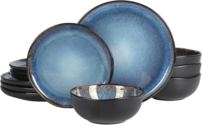 Gibson Elite Nardini 12 Piece Plates and Bowls Reactive Glaze Dishes Stoneware