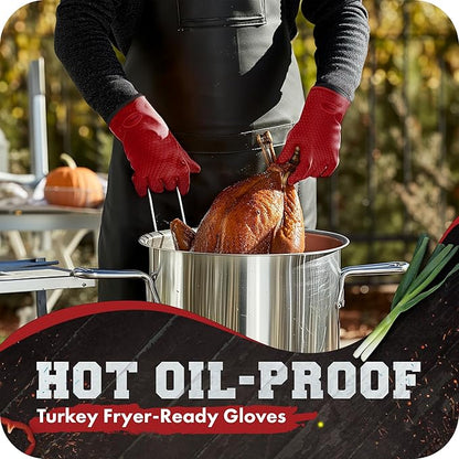 KITCHEN PERFECTION XL Silicone Smoker Oven Gloves-Extreme Heat Resistant BBQ Gloves-Handle Hot Food Right on Your Grill Fryer&Pit|Waterproof Grilling Cooking Baking Mitts|Superior Value Set+3 Bonuses