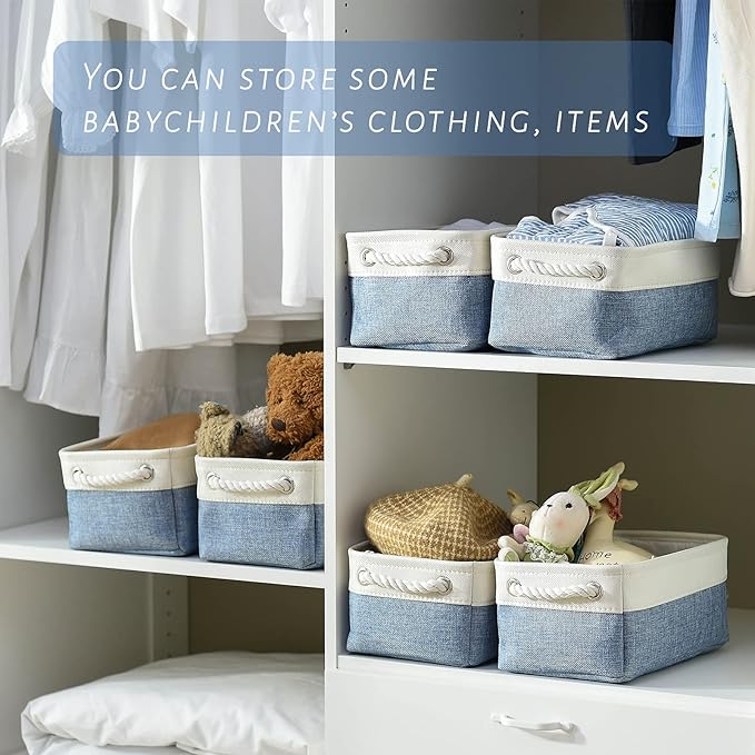 TcaFmac Storage Basket for Shelves - Small 6 Pack Fabric Storage Bins for Organizing, Collapsible Storage Cubes with Handle for Closet Cloth Toy Decorative Gift (White & Blue11.8 x 7.8 x 5.2 inch)