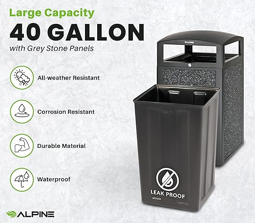 Alpine Outdoor Commercial Trash Can with Lid - 40 Gallon Heavy Duty Metal Garbage Can with Removable Bin, Locking Lid for a Modern Look in Park, Mall & High Traffic Areas-Grey Stone Panels (With Tray)