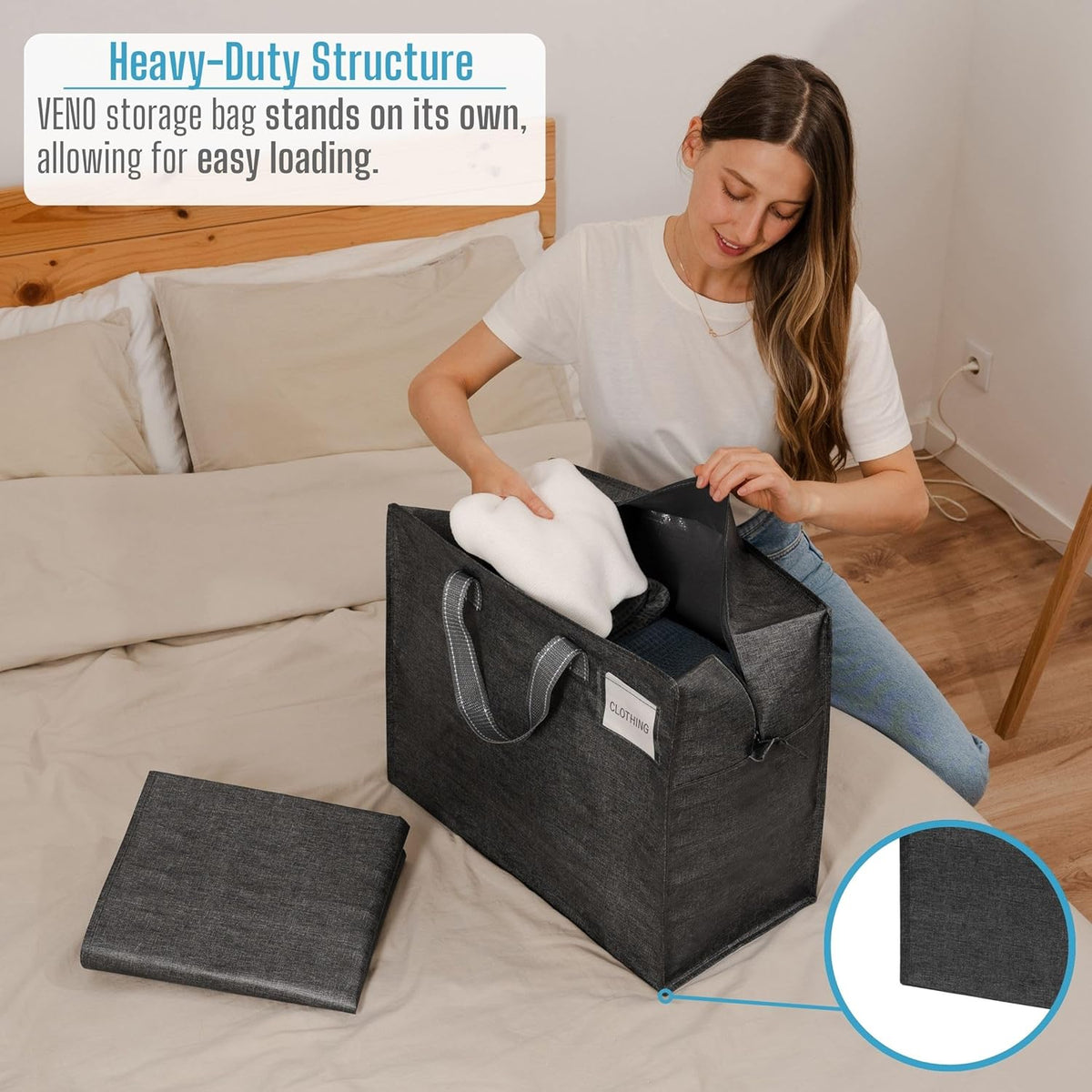 VENO 4 Pack Heavy Duty Moving Bags, Storage Bags, Packing Supplies, Top Zipper, Storage Totes for Camping, Clothes, Bedding, Comforters, Pillows (13 Gallon Dark Gray, 4 Pack)