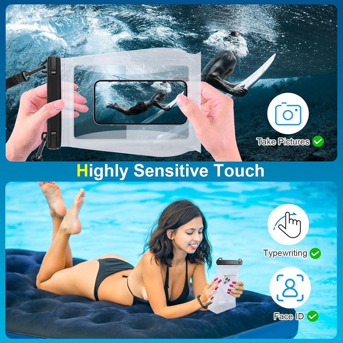 Large Waterproof Phone Pouch Floating, Waterproof Phone Case for iPhone 15 14 Pro Max 13 12 Plus 11 XS XR X Samsung up to 8.5'', IPX8 Water Proof Cell Phone Dry Bag for Beach Swimming Kayaking