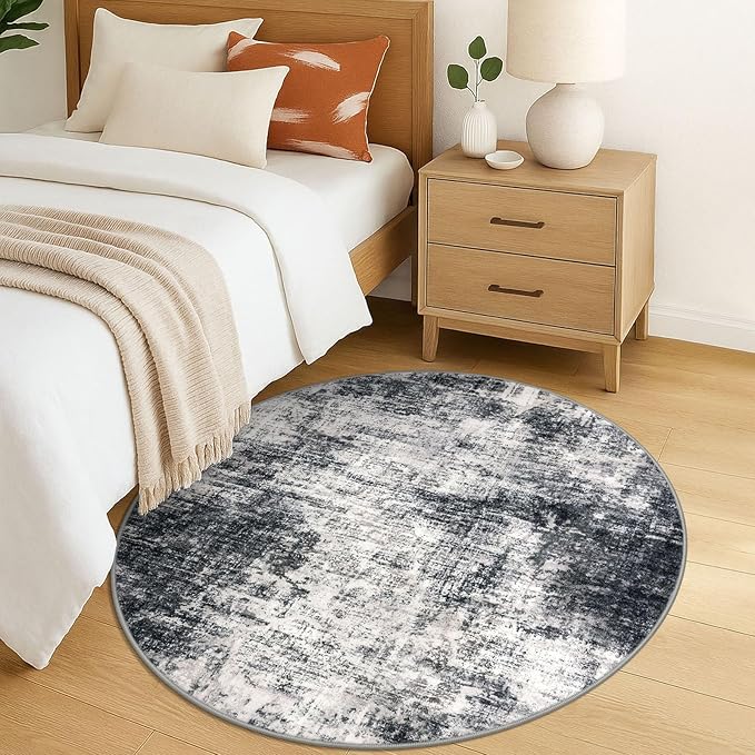 IOHOUZE Round Area Rug 5 Ft Circle Entryway Rugs Round Washable Door Mat Indoor Entrance, Non Slip Circle Front Door Rug, Printed Abstract Faux Wool Floor Carpet for Foyer Porch Sink, Black Grey