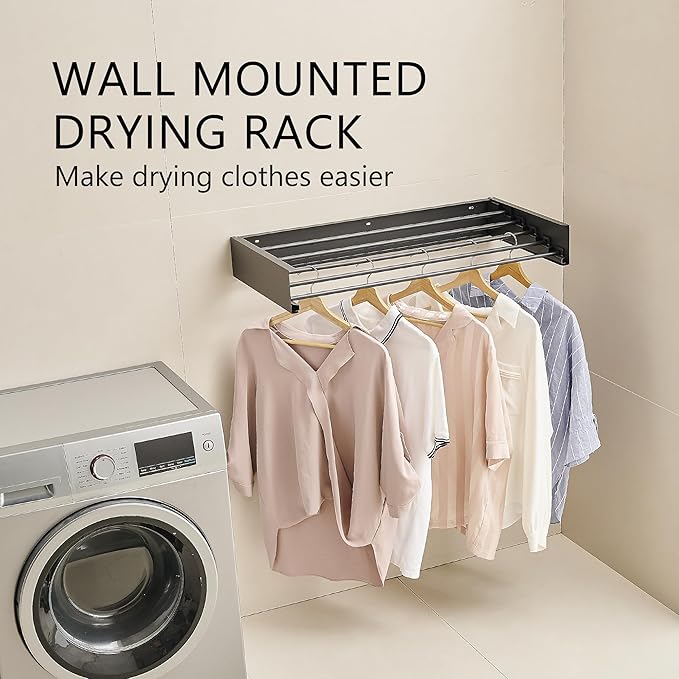 JOOM Laundry Drying Rack Collapsible, Wall Mounted Clothes Drying Rack, Retractable Drying Rack, 31.5" Wide, 5 Aluminum Rods, 60 lb Capacity (Black 31.5")