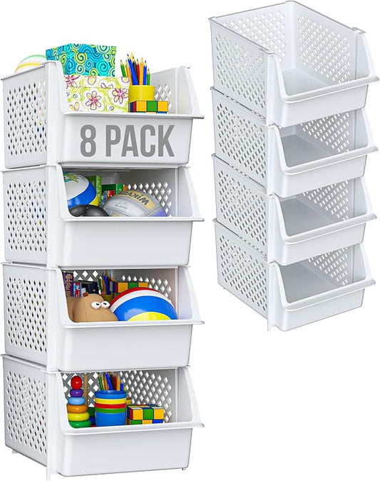Skywin TidyFriend Plastic Stackable Storage Bins for Pantry, 8 Pack White Stackable Bins For Organizing Food, Kitchen, and Bathroom Essentials (Random)
