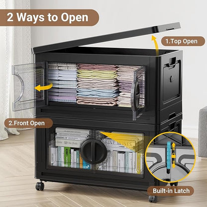 BROVIEW 360Qt Lockable Stackable Storage Bins with Lids, Closet Organizers and Storage Drawer, Collapsible Storage Bin with Wheels, Plastic Cabinet for Toy Clothes Dorm Organizer, V9 3 Pack Black