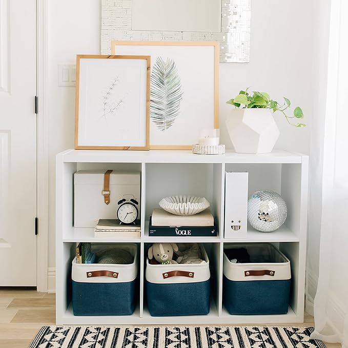 OrganiHaus Large Fabric Storage Baskets for Shelves 3 Pack, 15x11in Closet Storage Bins for Shelves, Cloth Baskets for Organizing, Linen Closet Organizers, Fabric Basket - Navy Blue/White
