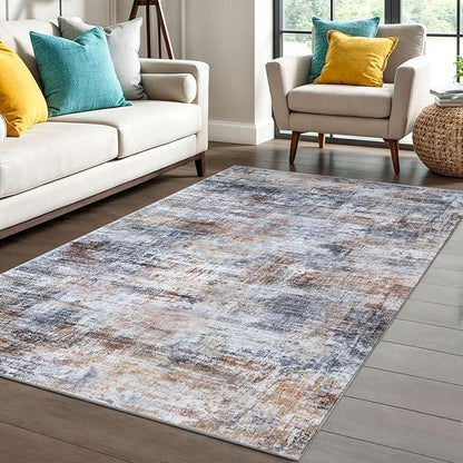 IOHOUZE Abstract Area Rug 4x6 Ft Washable Rugs for Entryway Indoor, Non Slip Small Living Room Rugs Printed Faux Wool Throw Rug, Floor Carpet for Kitchen Nursery Playroom, Orange Grey