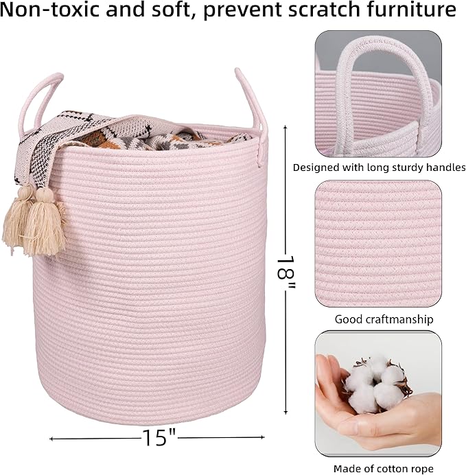Cotton Rope Laundry Basket Hamper for Girls Kids Baby Nursery Hamper Bin Woven Storage Basket for Living Room Girls room Boho Tall Rope Baskets for Blanket Toys Large light pink