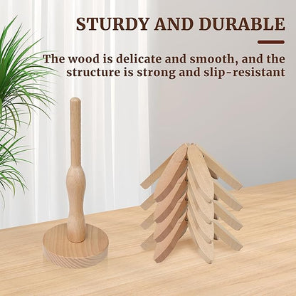 Tree Shape Wooden Trivets for Hot Dishes，4 Wooden Trivets + 1 Stand stored Like a Christmas Tree，for Easy Storage，Multifunctional Ornaments (Beech)