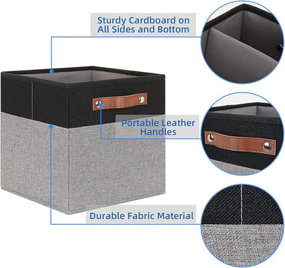 Temary 11 x 11 Cube Storage Bins Fabric Storage Cubes for Shelf, Closet, 4 Pack Cube Basket for Clothes, Storage Cube Bins with Leather Handles(Black&Grey)