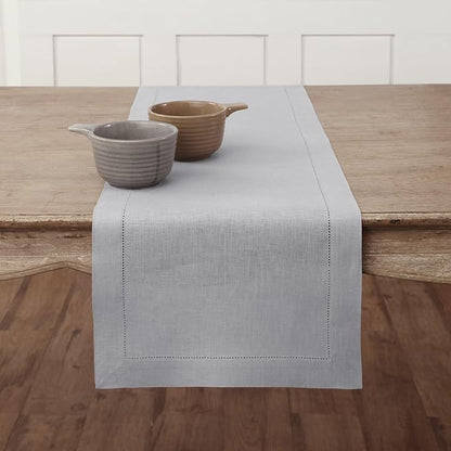 Solino Home Linen Soft Grey Table Runner 36 Inches - Classic Hemstitch, 100% Pure Linen Coffee Table Runner 14 x 36 Inch Ideal for Dresser Tables - Winter, Christmas, New Year