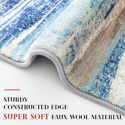Modern Abstract Kitchen Rug Set of 2, 2x3 and 2x6 Blue Washable Rug Runner Non Slip Kitchen Mat, Soft Faux Wool Throw Carpet for Entryway, Hallway, Bedroom, Bedside, Laundry Room, Office