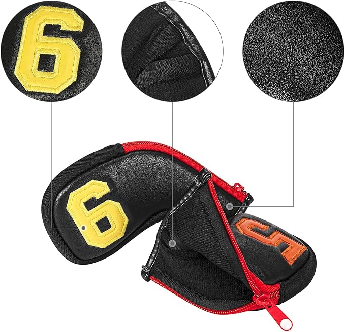 wosofe Golf Head Covers for Iron Headcover with Zipper Black Leather 10pcs Set Colorful Number Embroideried PU Leather Waterproof Fit All Brands