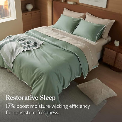 Double Stitch Cotton Tencel Duvet Cover - Queen Size Comforter Cover, Luxury & Soft Eucalyptus Lyocell Bedding Set for Hot Sleepers, Cooling & Breathable, Button Closure, Sage Green Contrast, 90"x90"