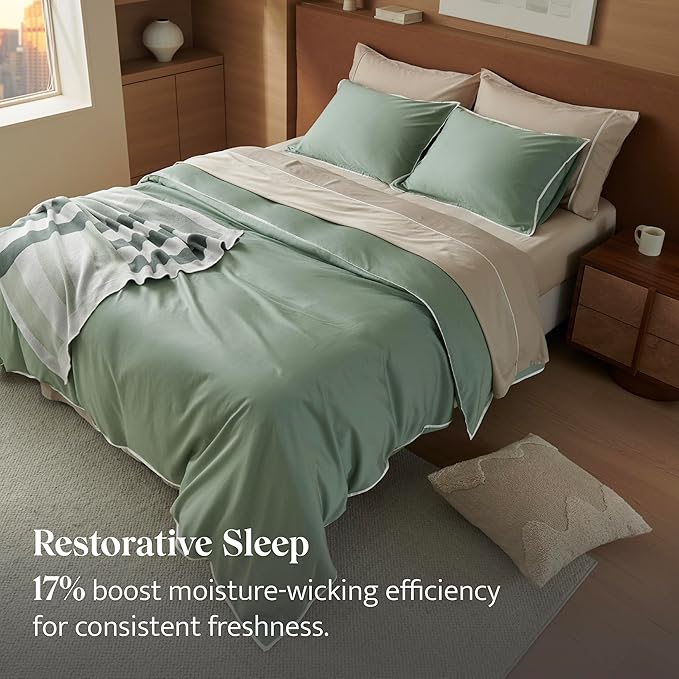 Double Stitch Cotton Tencel Duvet Cover - King Size Comforter Cover, Luxury & Soft Eucalyptus Lyocell Bedding Set for Hot Sleepers, Cooling & Breathable, Button Closure, Sage Green Contrast, 106"x90"