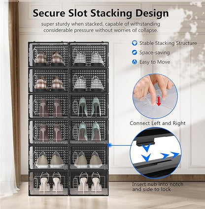 12 Pack X-Large Modular Clear Plastic Stackable Shoe Storage Organizer for Closet, Space Saving Versatile Sneaker Shoe Rack Containers Bins Holders, Portable Closet Organizers and Storage, Black02