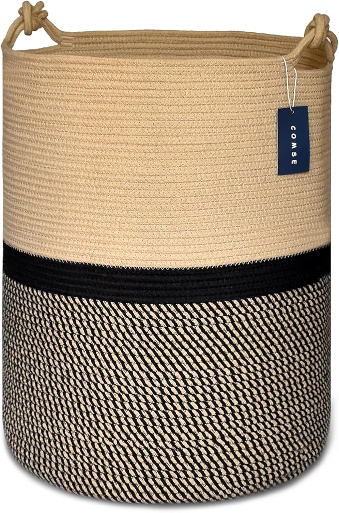 COMSE Extra Large Blanket Basket, Tall Woven Storage Basket, Nursery Hamper, 15.7”x 21.7”, Cotton Rope Laundry Hamper for Toys Clothes Towels, Blend Brown/Black