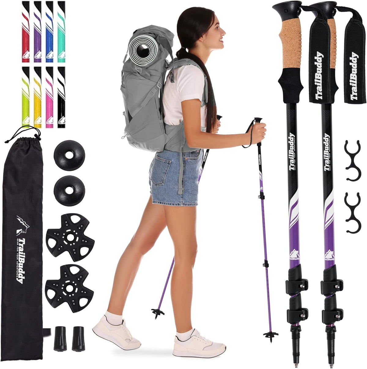 TrailBuddy Trekking Poles - Lightweight, Collapsible Hiking Poles for Snowshoe & Backpacking Gear - Pair of 2 Walking Sticks for Hiking, 7075 Aluminum with Cork Grip