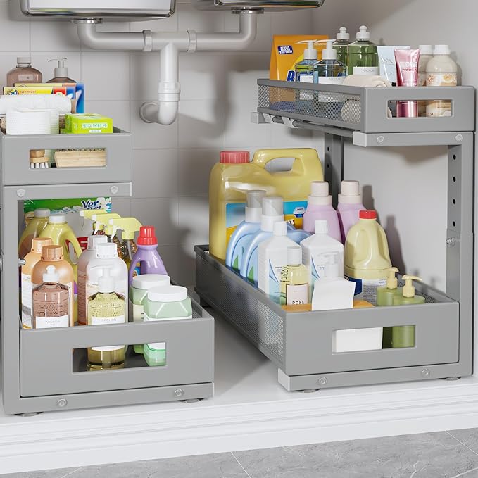 2 Pack 17IN Depth Under Sink Storage Organizer, Large 2-Tier Elegant Mesh Pull Out Shelf for Kitchen and Bathroom Cabinet Organization, L-Shaped and Adjustable Height Design-Gun Gray