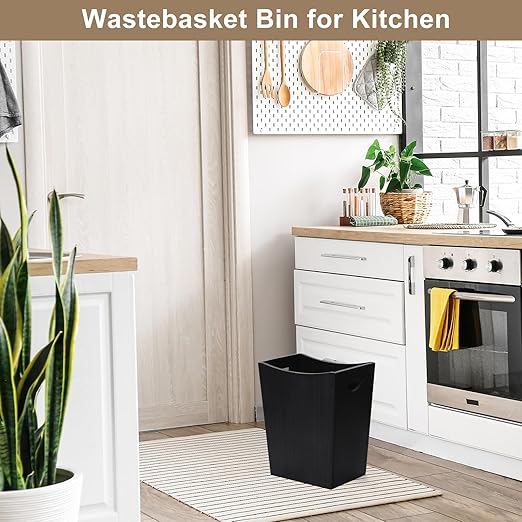 SEHERTIWY Wood Trash Can, Farmhouse Wastebasket Bin for Bathroom, Office, Bedroom, Living Room, Small Square Rustic Garbage Container (Wood-Black)