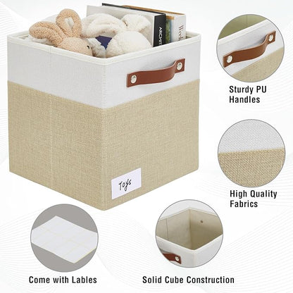 Collapsible Fabric Storage Cube Bins with 2 Reinforced PU Handles, Foldable Storage Organizer Baskets for Closet, Shelves, Living Room | 11"x11"x11", 4 Pack, Beige & White