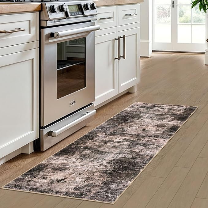 IOHOUZE Abstract Runner Rug 2x6 Ft Washable Runners for Hallways, Non Slip Kitchen Runner Printed Faux Wool Entryway Runner Indoor, Modern Abstract Floor Carpet for Hall Kitchen Bedroom, Brown/Rust