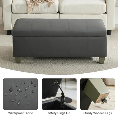 41" Faux Leather Storage Ottoman, Stitch Tufted Rectangle Upholstered End of Bed Storage Bench, Entryway Large Couch Ottoman with Wooden Legs,Dark Grey