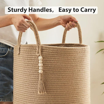 Jute Woven Rope Laundry Hamper, Tall Laundry Basket for Blanket Storage, Large Dirty Clothes Hamper for Toys, Decorative Baby Nursery Hamper for Bedroom, Living Room - Jute Brown, 72L