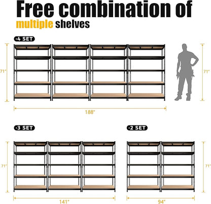 PrimeZone 6 Pack Heavy Duty Storage Shelves - 47" W x 18" D x 71" H 5 Tier Adjustable Garage Storage Shelving, Metal Storage Utility Rack Shelf Unit for Warehouse Pantry Closet Kitchen, Black