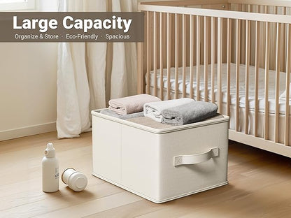 3 Pack Fabric Storage Bins for Shelves | 11.5x8.75x6.5in Storage Baskets | Fabric Closet Organizers and Storage Bins with Handles Home Organization| Linen Clothes Bins | White & Ivory