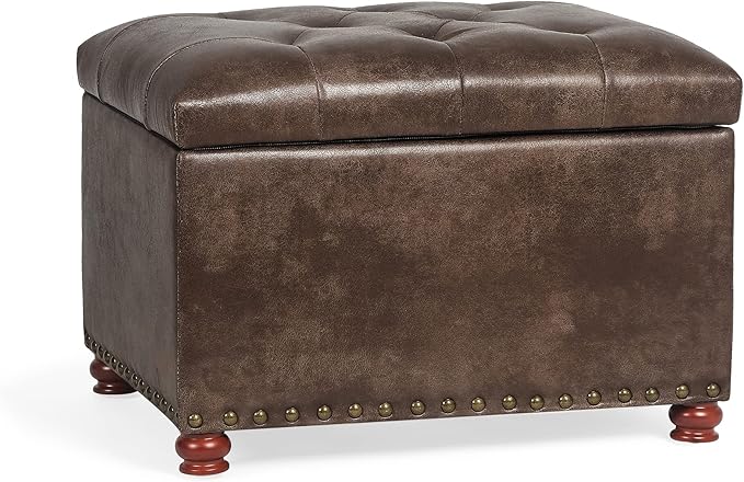 24'' Leather Ottoman with Storage Rectangle Foot Rest Ottomans Stool for Living Room(Brown,Leather Texture)