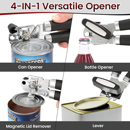 Can Opener Manual with Magnet, Vayvnt Heavy Duty Stainless Steel Can Opener Smooth Edge, Rubber Grip Handle & Easy Turn Knob, Multifunctional Kitchen Gadget for Seniors, Sharp Cutting Blade, Black