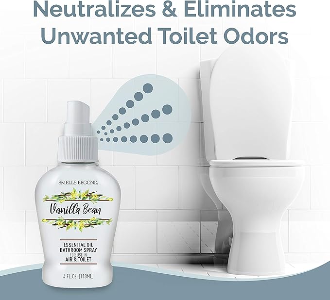 SMELLS BEGONE 4 oz Essential Oil Air Freshener Bathroom Spray - Eliminates Bathroom & Toilet Odors - Made with Essential Oils - Vanilla Bean Scent