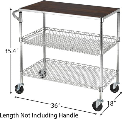 Finnhomy 3 Tier Heavy Duty Commercial Grade Utility Cart with Wood Top, Wire Rolling Cart with Wheels and Handle Bar, Kitchen Carts on Wheels, 18x36x35.4 H Metal Cart with 600 LBS Capacity, Chrome