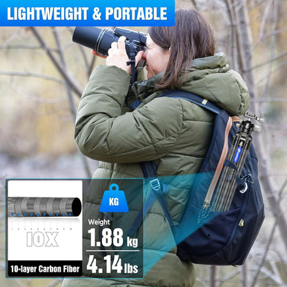 71" Travel Tripod Carbon Fiber for Camera, Compact Lightweight Tripod with 360°Panorama Ball Head,QR Plate, Removable Center Column, Load up to 15kg/33lbs