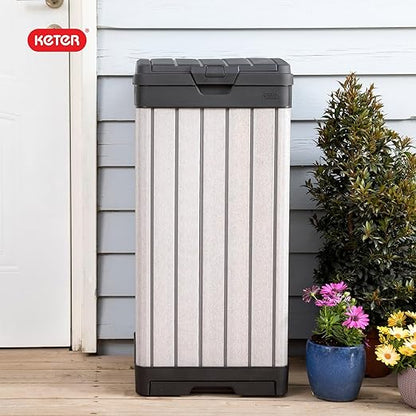 Keter Rockford Resin 38 Gallon Outdoor Kitchen Trash Can with Lid and Drip Tray for Easy Cleaning-Perfect for Patio Dining, Grey