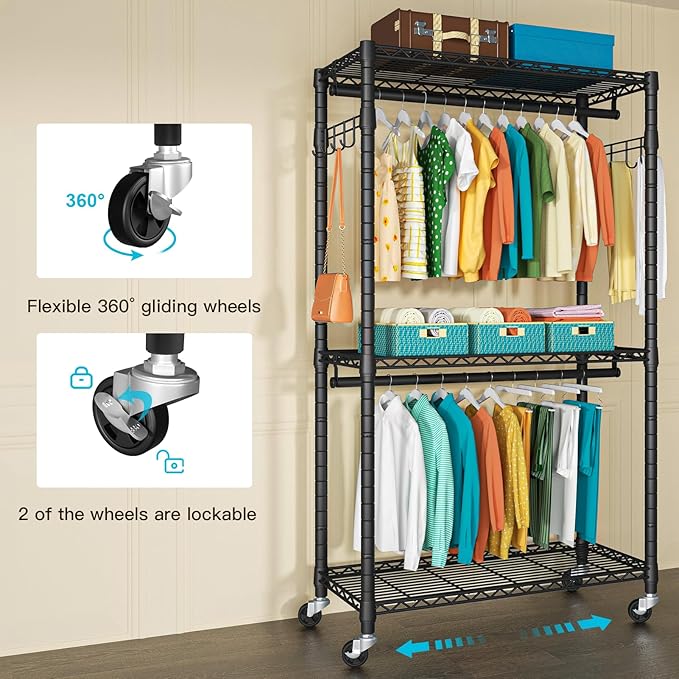 FUTASSI P1 Heavy Duty Garment Rack, 3 Tiers Adjustable Rolling Metal Closet Organizer with Lockable Wheels, FreeStanding Wardrobe with Double Hanger Rods & 1 Pair Hooks, Max Load 450 LBS, Black