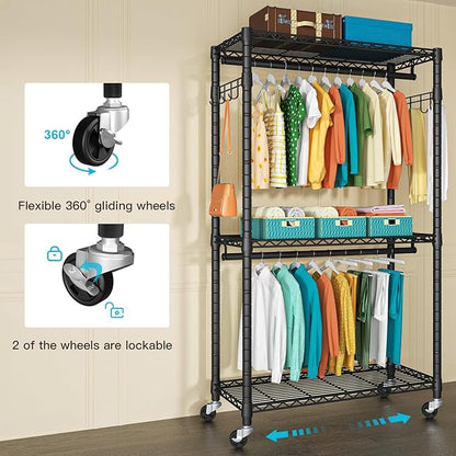 FUTASSI P1 Heavy Duty Garment Rack, 3 Tiers Adjustable Rolling Metal Closet Organizer with Lockable Wheels, FreeStanding Wardrobe with Double Hanger Rods & 1 Pair Hooks, Max Load 450 LBS, Black