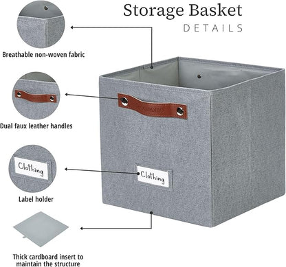 DECOMOMO Storage Bins, Cube Storage Bin with Labels, Fabric Storage Cubes for Shelves (11" / 6pcs, Texture Grey)
