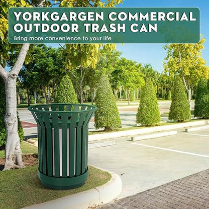 8Gallon/30L Commercial Outdoor & Indoor Metal Trash Can, Outdoor Slatted Trash Receptacle with Metal Linner, All Weather Resistant Large Outside Zone Round Garbage Bin for Street, Park, School - Green